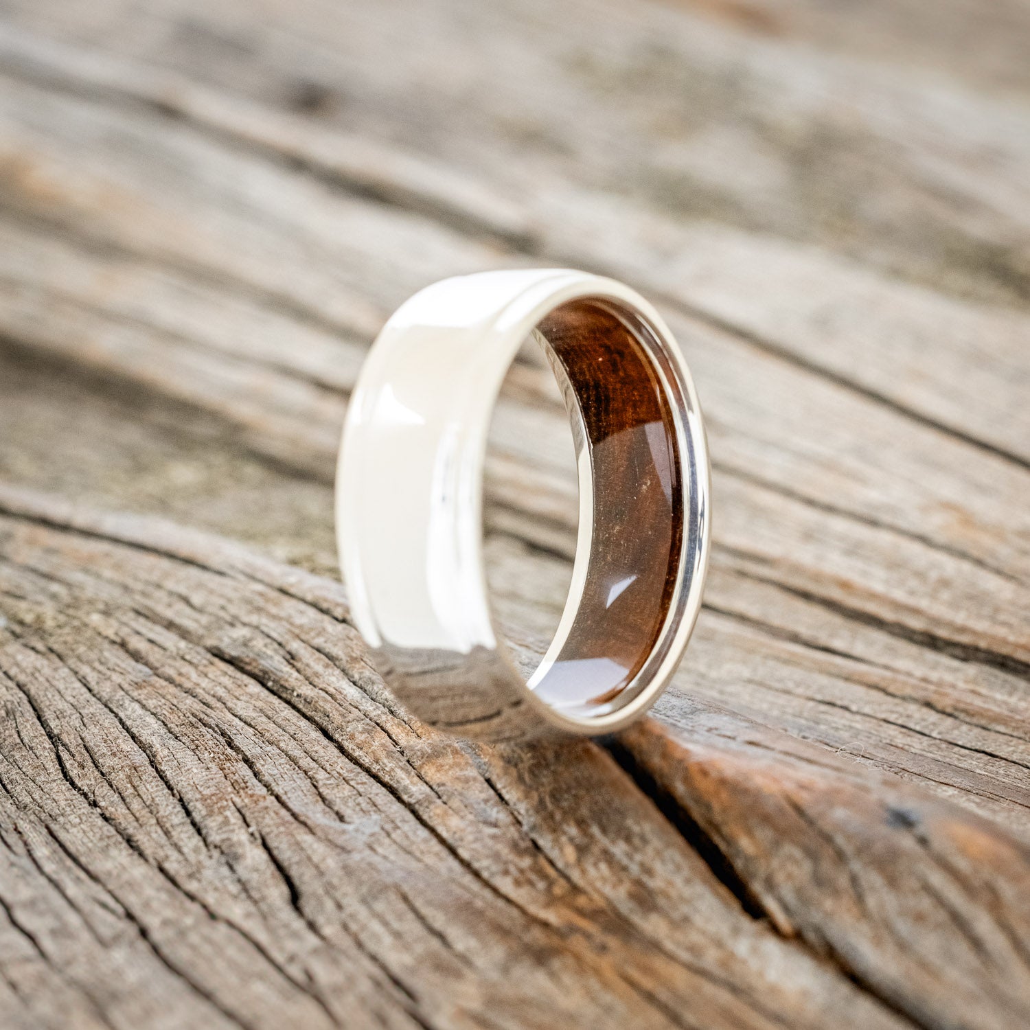 "SEDONA" - RAISED CENTER WEDDING RING WITH AN IRONWOOD LINED BAND-16