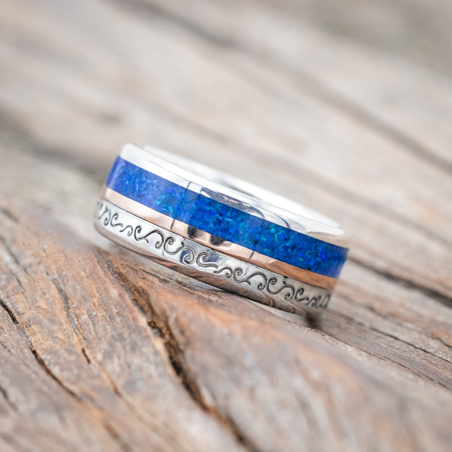 "TANNER" - CARIBBEAN OPAL & 14K GOLD INLAY WEDDING RING FEATURING A SCROLL ENGRAVING-Staghead Designs