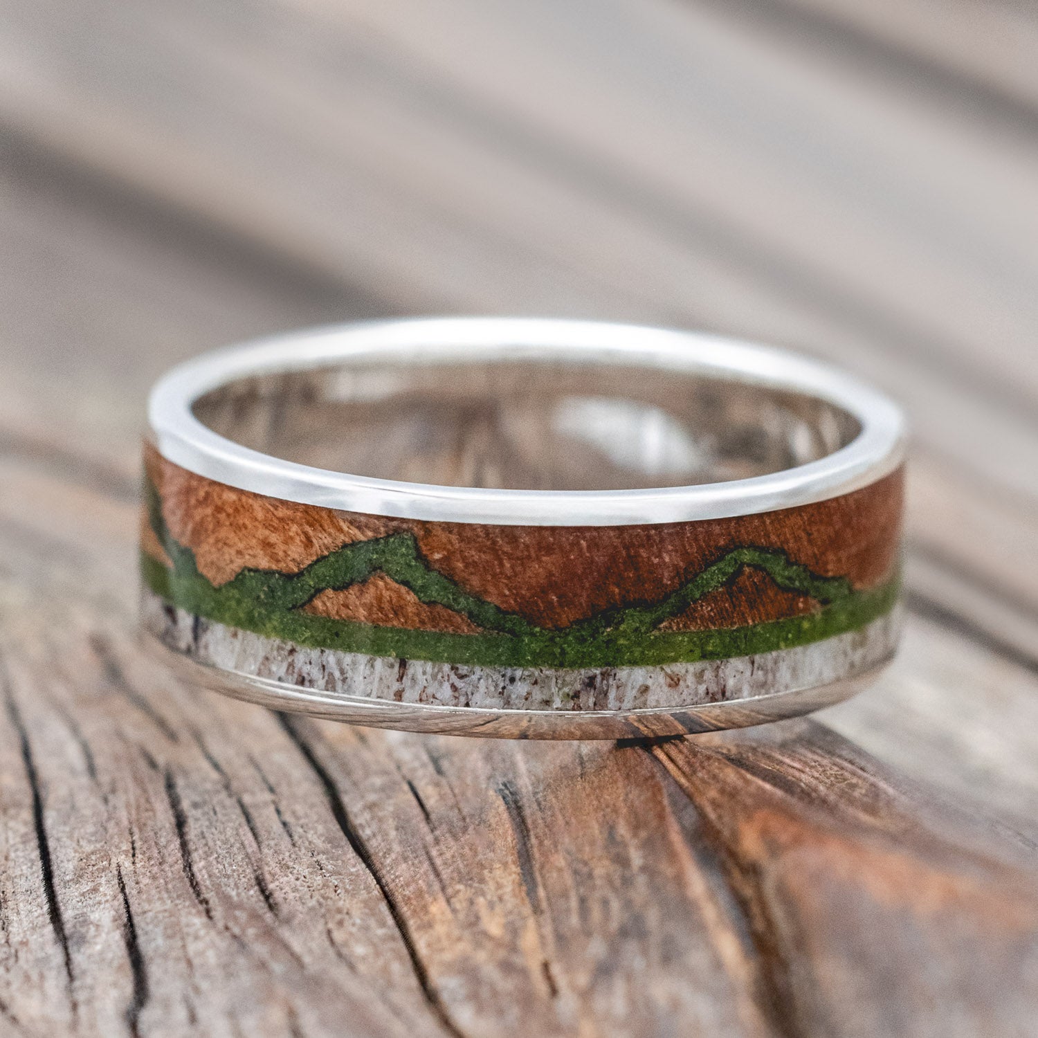"THE EXPEDITION" - MOUNTAIN ENGRAVED WEDDING RING WITH REDWOOD, MOSS & ANTLER-Staghead Designs