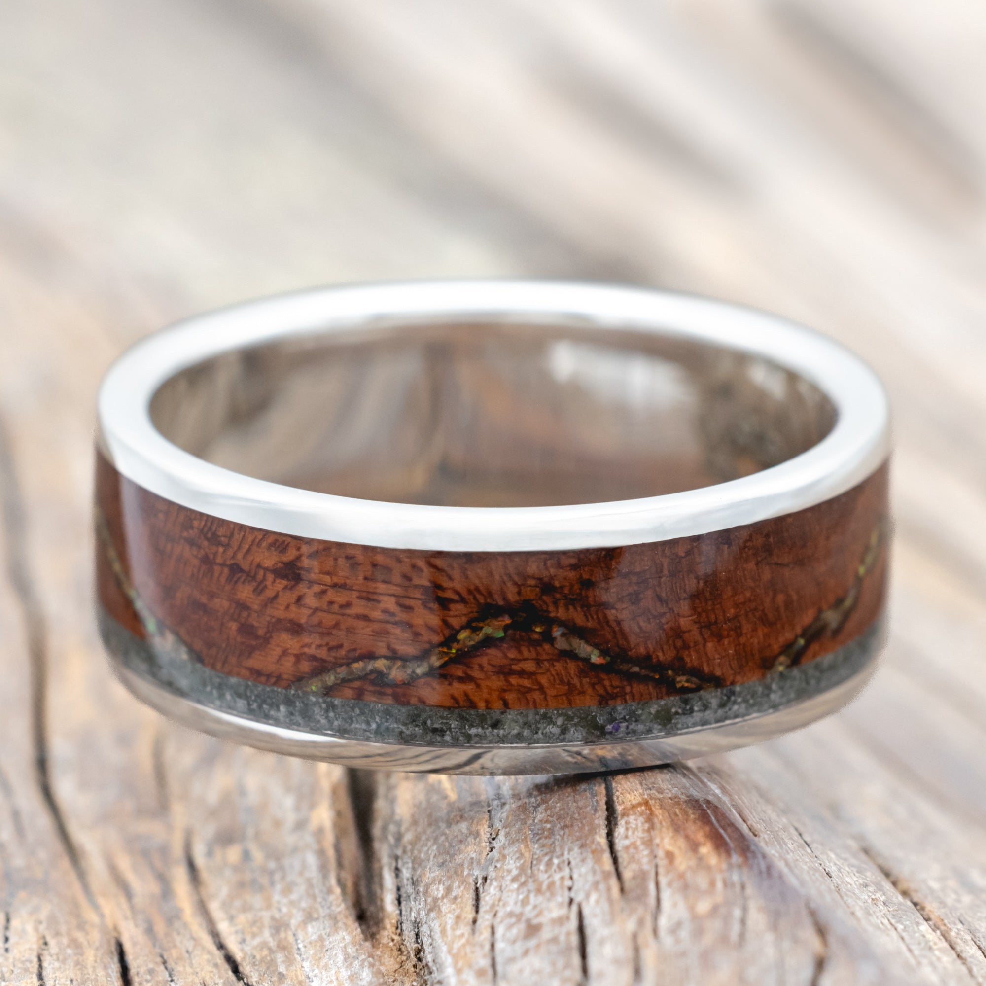 "THE EXPEDITION" - MOUNTAIN ENGRAVED WEDDING RING WITH FIRE & ICE OPAL, ROSEWOOD & MOSS AGATE-Staghead Designs
