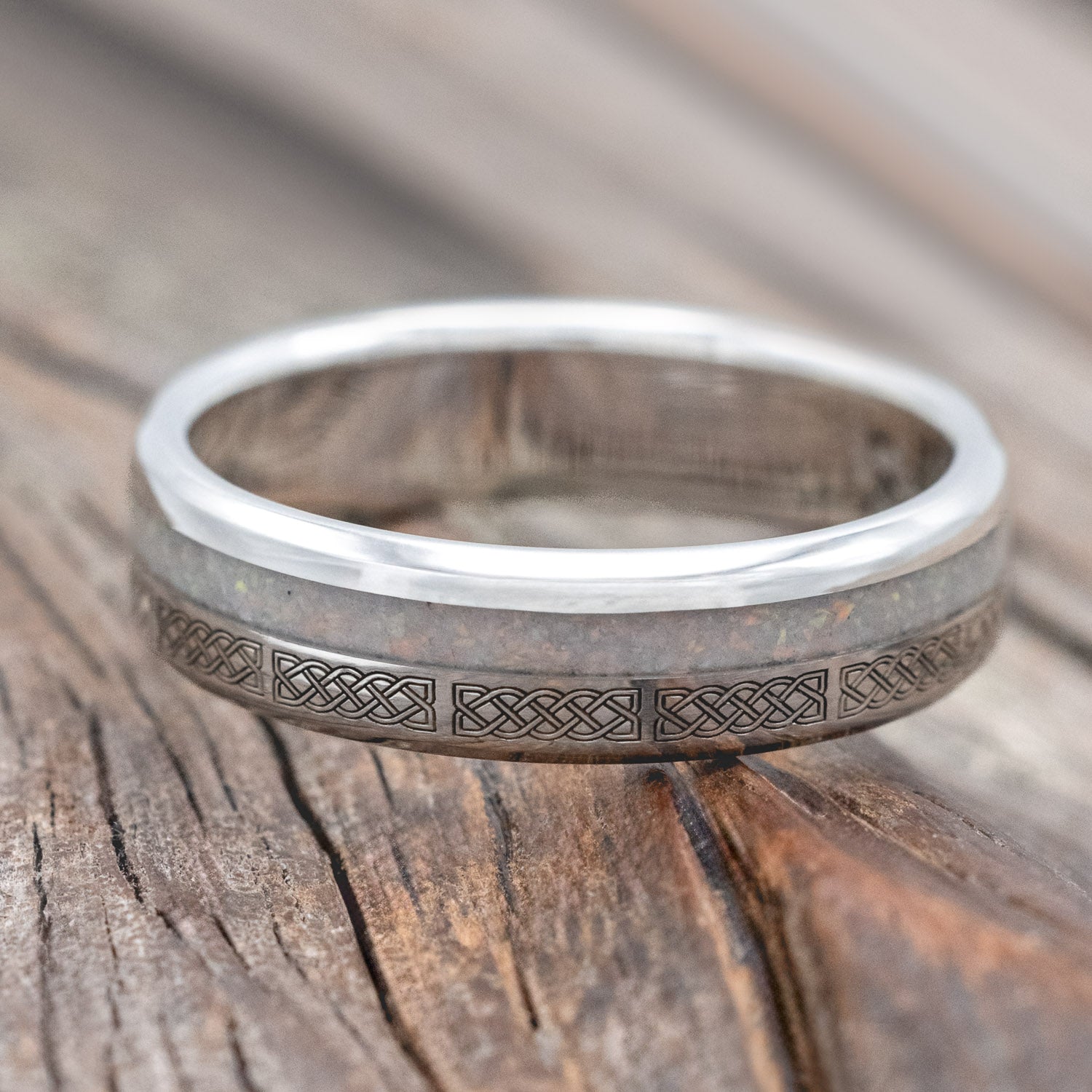 "VERTIGO" - CELTIC SAILOR'S KNOT ENGRAVED WITH FIRE & ICE OPAL WEDDING RING-Staghead Designs
