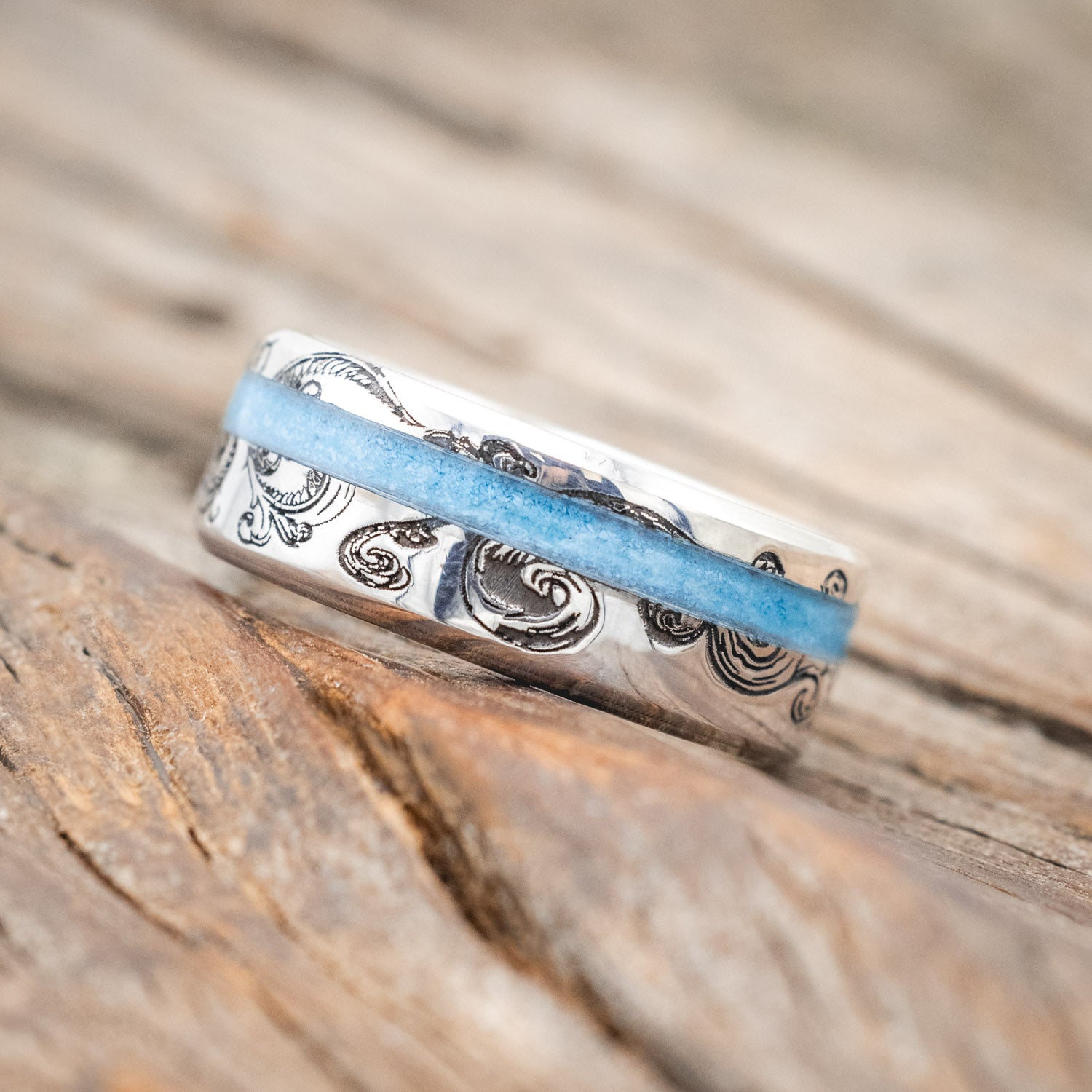 "VERTIGO" - FLORAL ENGRAVED TURQUOISE WEDDING RING-Staghead Designs