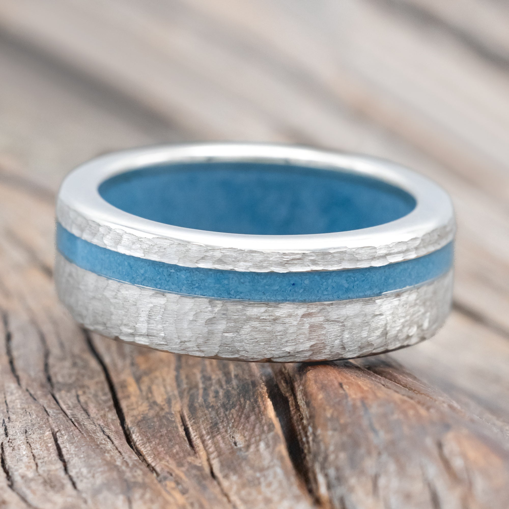 "VERTIGO" - TURQUOISE INLAY & LINED WEDDING BAND WITH A HAMMERED FINISH-Staghead Designs