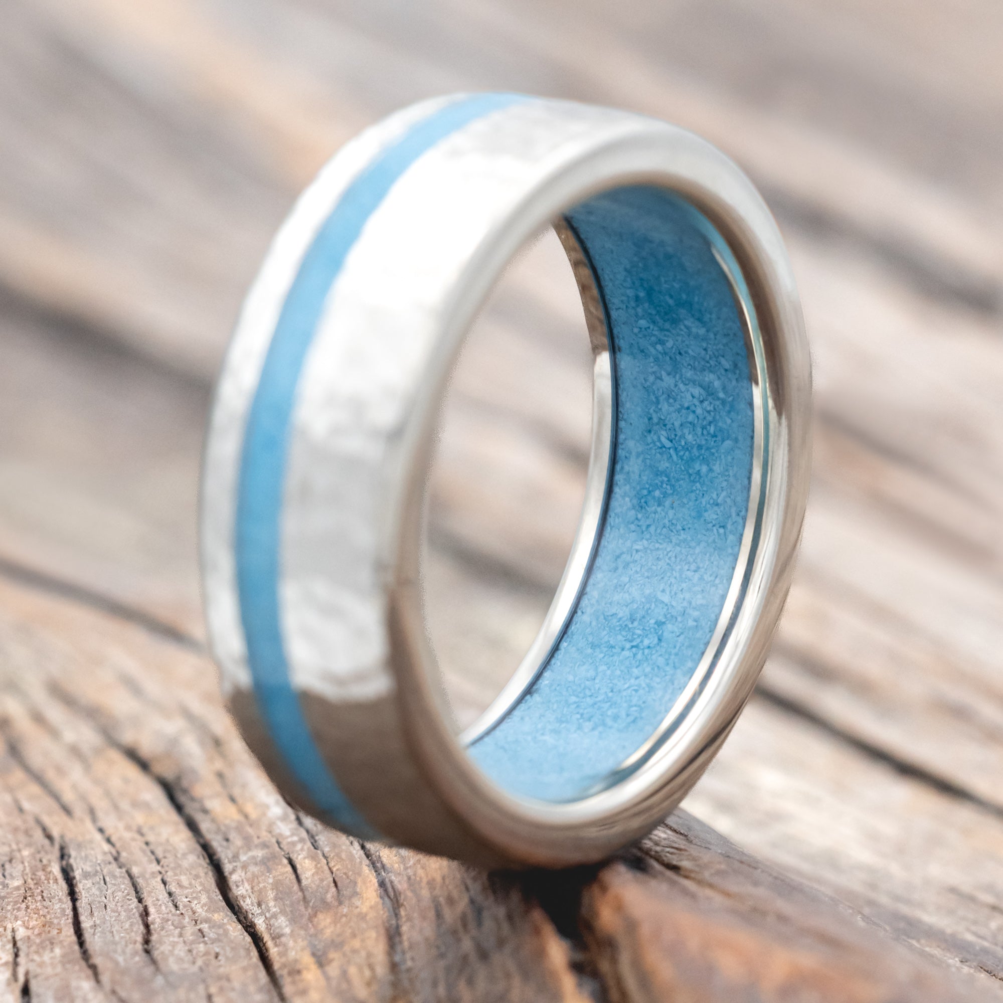 "VERTIGO" - TURQUOISE INLAY & LINED WEDDING BAND WITH A HAMMERED FINISH-Staghead Designs