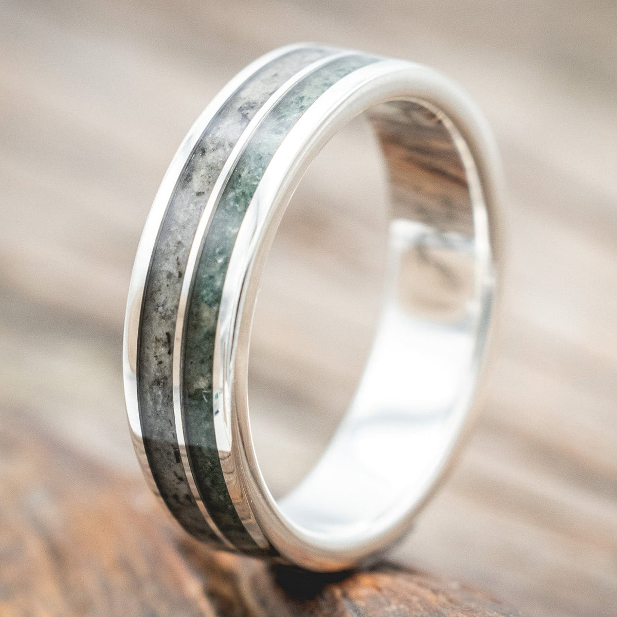 "DYAD" - MOSS AGATE & MOONSTONE WEDDING BAND-Staghead Designs