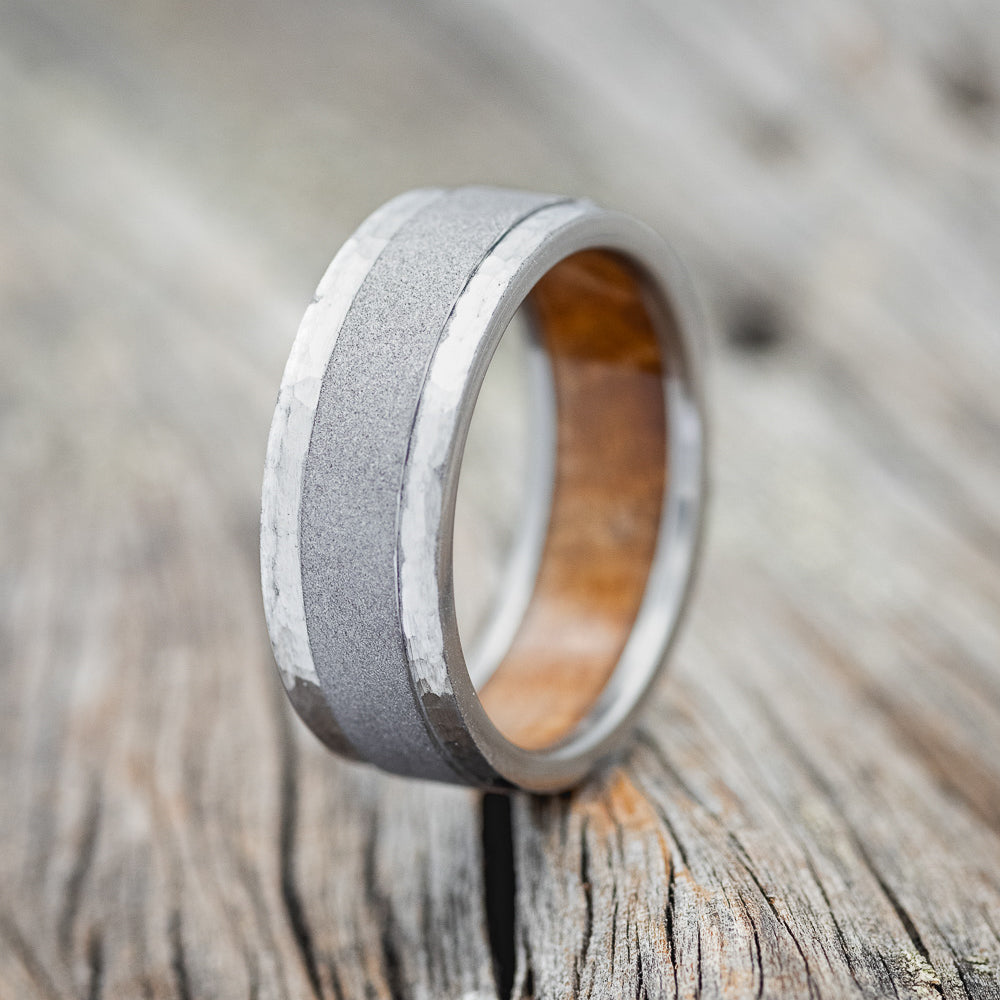 "SEDONA" - WHISKEY BARREL LINED WEDDING RING WITH A FINISH OF YOUR CHOICE - READY TO SHIP-Staghead Designs