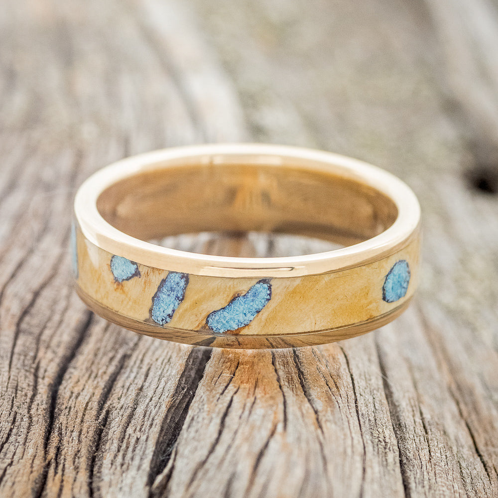 "RAINIER" - BUCKEYE BURL & TURQUOISE WEDDING BAND-6