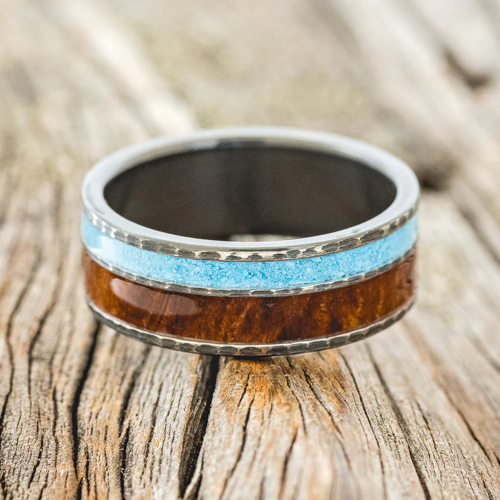 "RAPTOR" - REDWOOD & TURQUOISE WEDDING RING FEATURING A HAMMERED BAND - BLACK ZIRCONIUM - SIZE 11-2