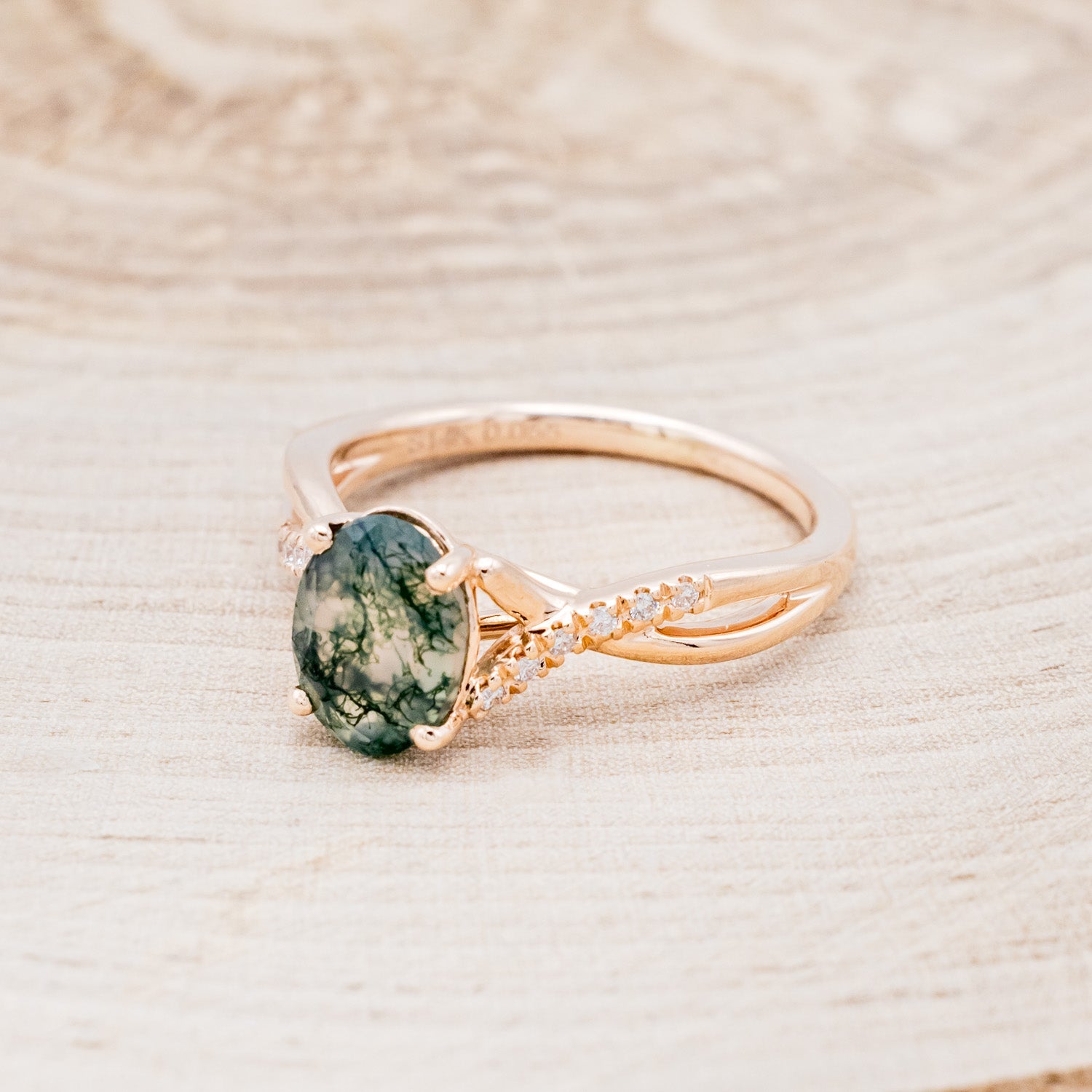 "ROSLYN" - OVAL MOSS AGATE ENGAGEMENT RING WITH DIAMOND ACCENTS - EXPEDITED-3