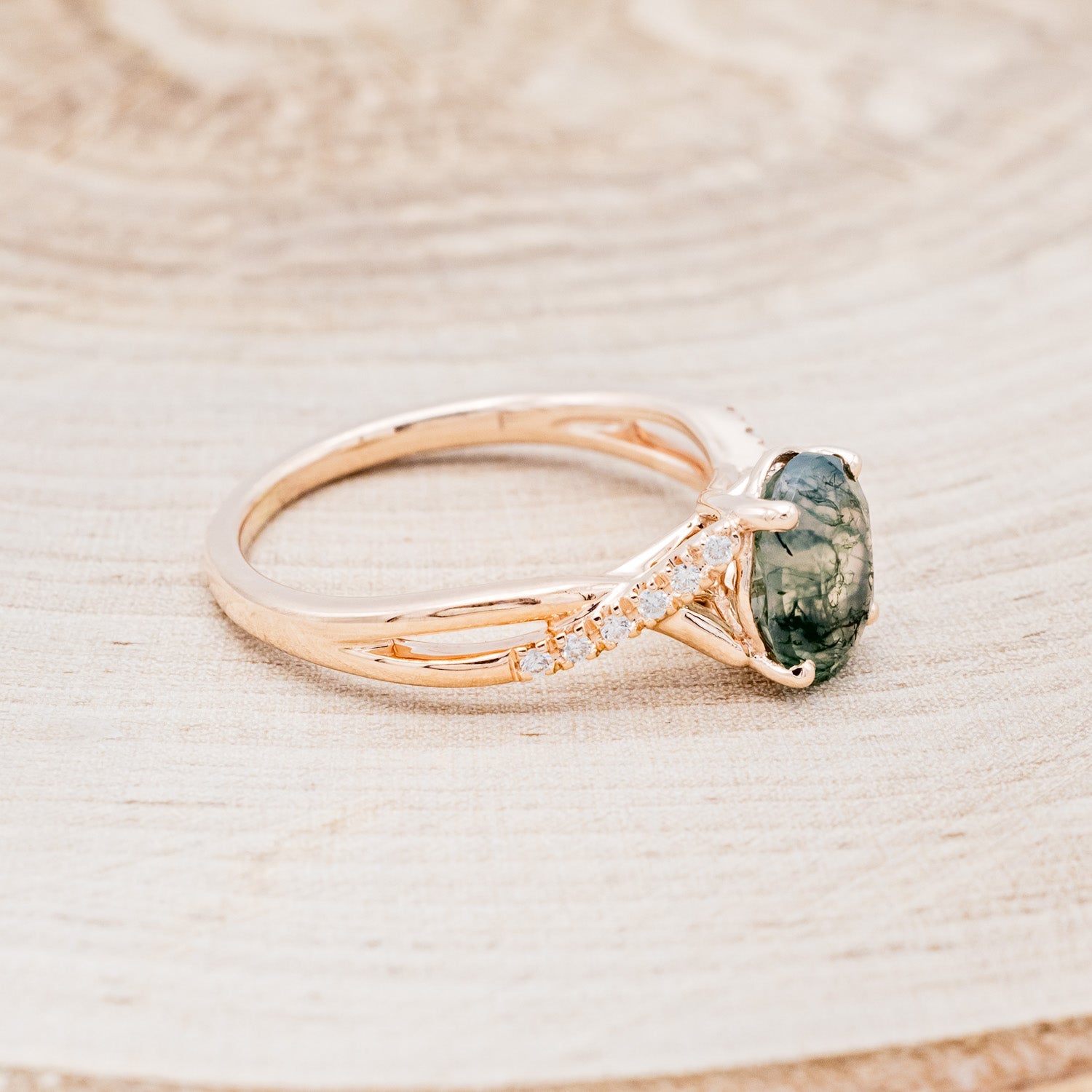 "ROSLYN" - OVAL MOSS AGATE ENGAGEMENT RING WITH DIAMOND ACCENTS - EXPEDITED-2