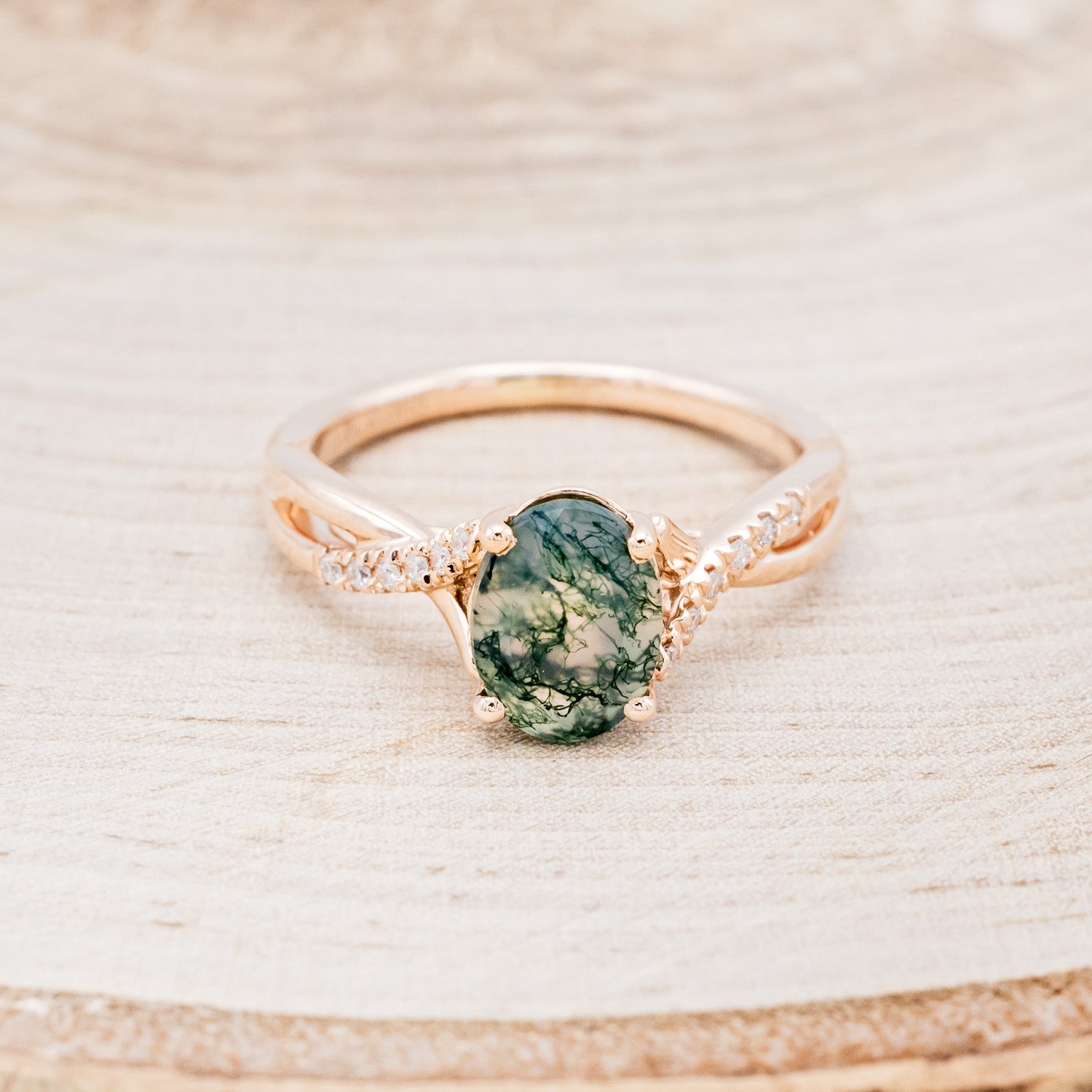 "ROSLYN" - OVAL MOSS AGATE ENGAGEMENT RING WITH DIAMOND ACCENTS - EXPEDITED-4