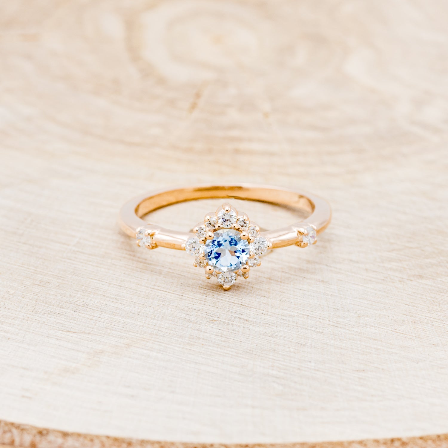 "STARLA" - ROUND CUT AQUAMARINE ENGAGEMENT RING WITH STARBURST DIAMOND HALO & TRACER-22