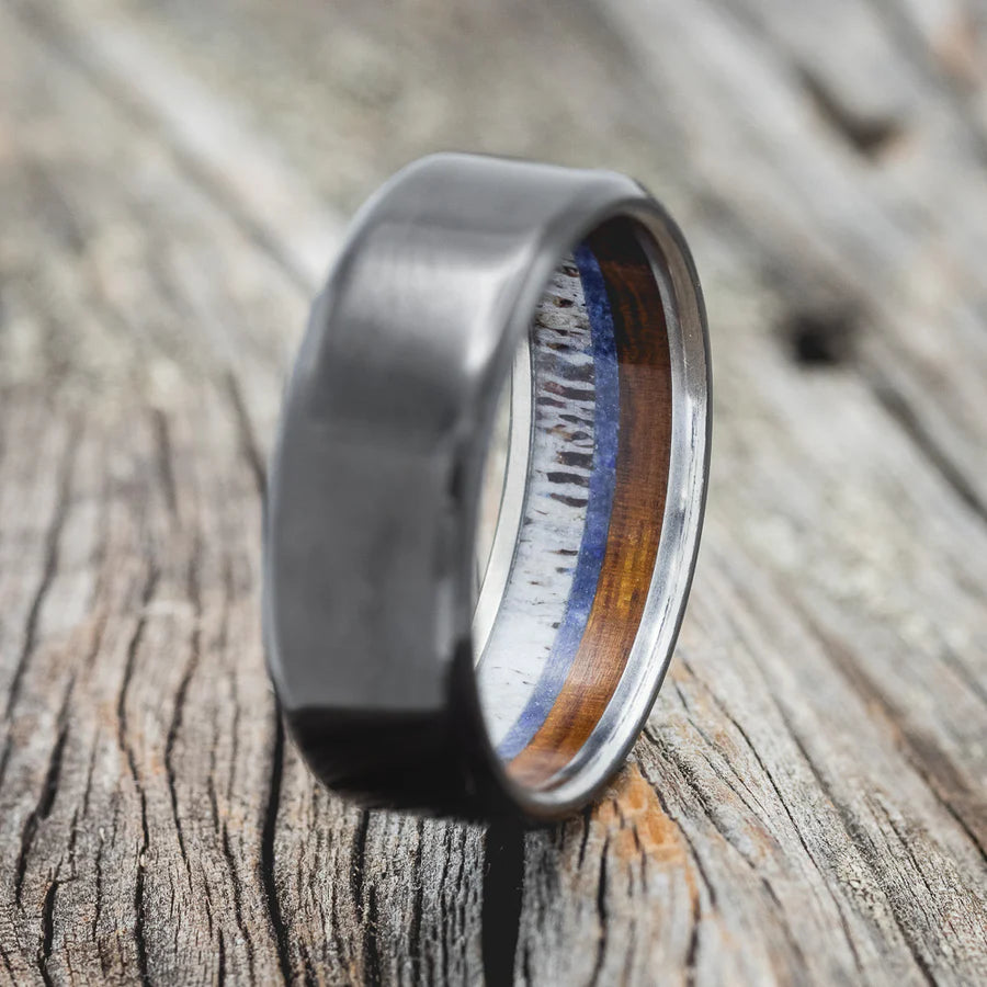 "ARGOS" - WHISKEY BARREL OAK, LAPIS LAZULI, AND ANTLER LINED WEDDING BAND - BLACK ZIRCONIUM - SIZE 10-Staghead Designs
