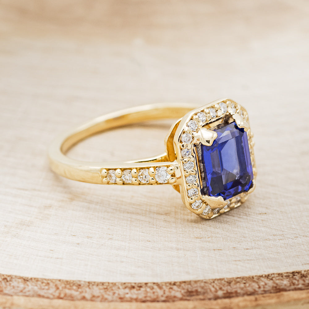 "KARLA" - EMERALD CUT ENGAGEMENT RING WITH DIAMOND HALO & ACCENTS-Staghead Designs