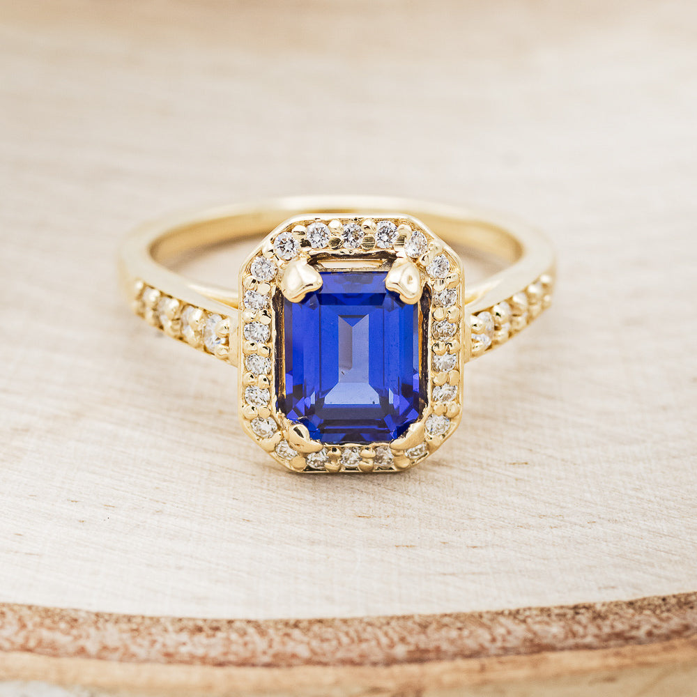 "KARLA" - EMERALD CUT ENGAGEMENT RING WITH DIAMOND HALO & ACCENTS-Staghead Designs