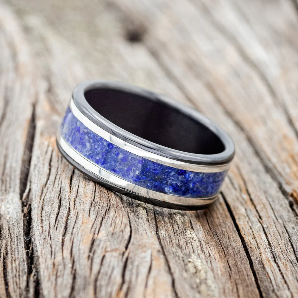 "HOLLIS" - LAPIS LAZULI & 14K GOLD INLAYS WEDDING RING - BLACK ZIRCONIUM - SIZE 12 1/4-Staghead Designs