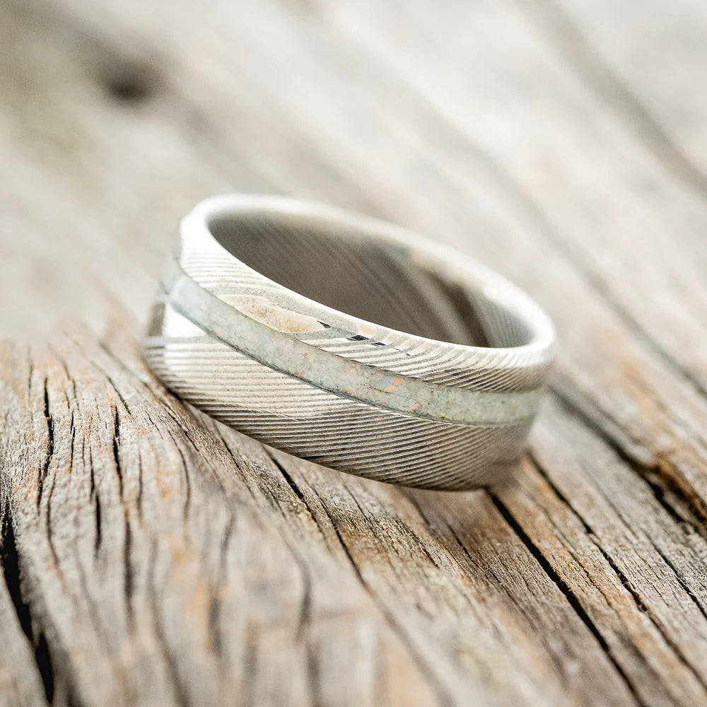 "VERTIGO" - FIRE & ICE OPAL WEDDING BAND - DAMASCUS STEEL - SIZE 9 3/4-Staghead Designs