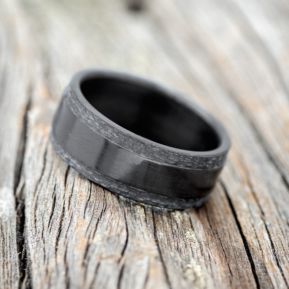 "SEDONA" - MATCHING SET OF BLACK ZIRCONIUM WEDDING RINGS WITH HAMMERED EDGES-Staghead Designs