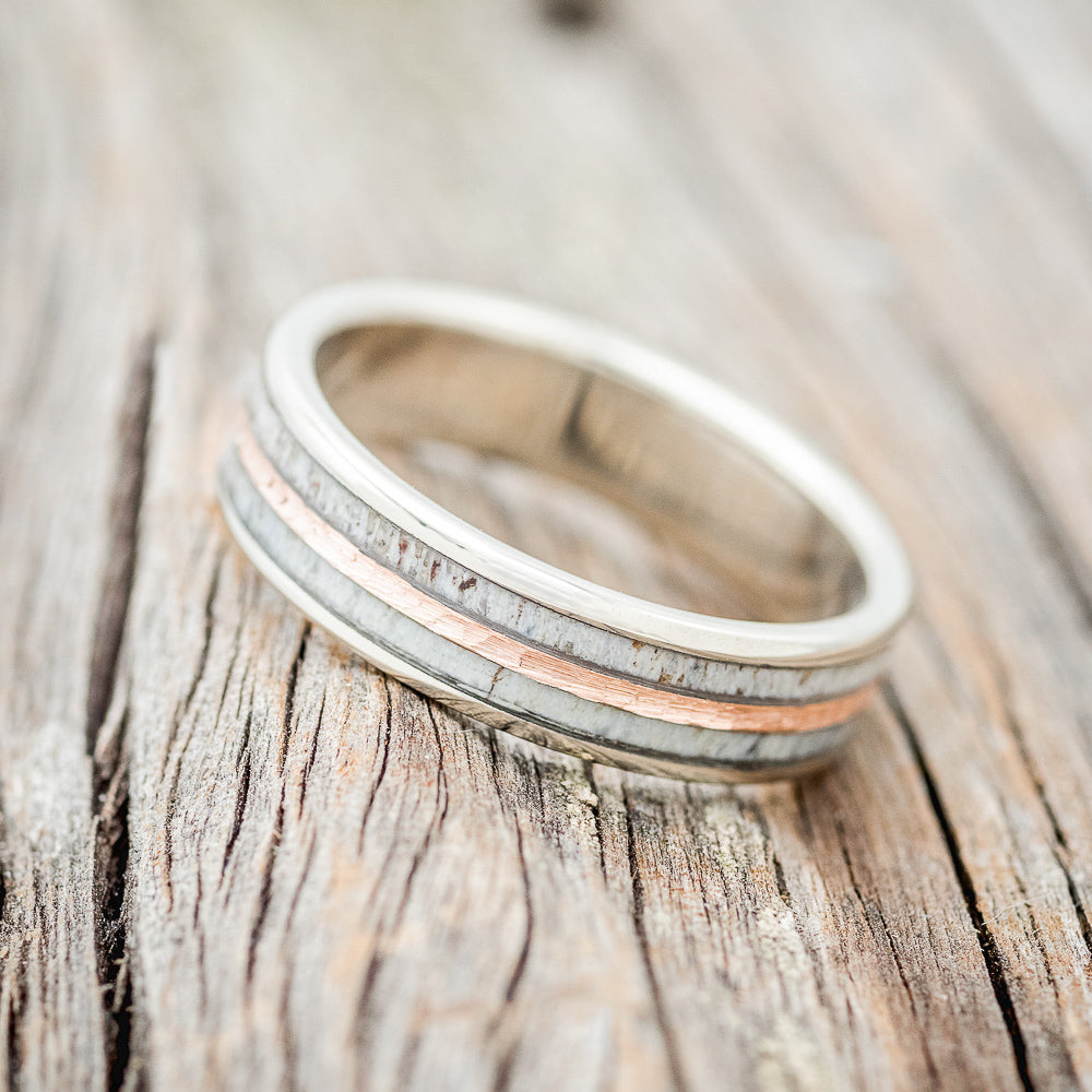 MATCHING SET OF "LUCY IN THE SKY" FACETED HEXAGON MOONSTONE & "DYAD" ANTLER INLAY WEDDING RINGS-16
