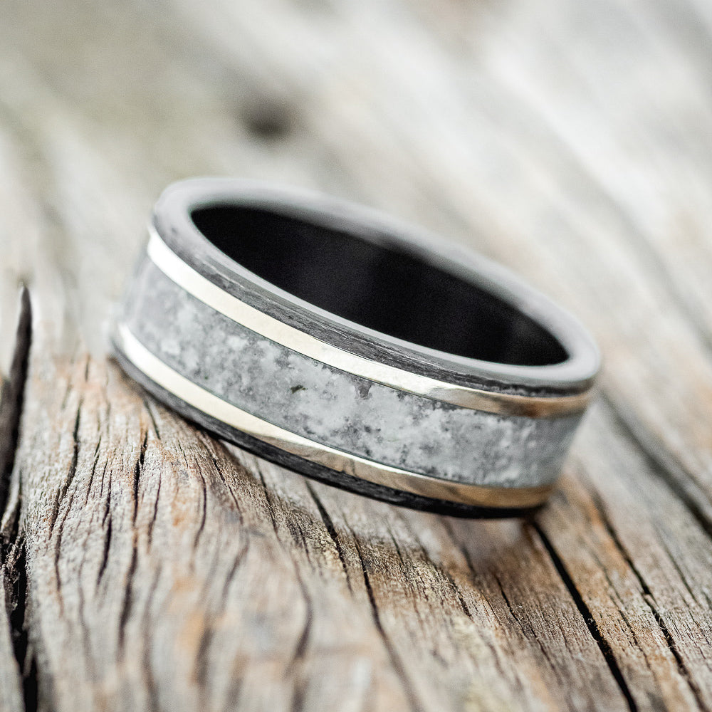 "HOLLIS" - MOONSTONE & 14K ROSE GOLD INLAY WEDDING RING - BLACK ZIRCONIUM - SIZE 8 1/4-2