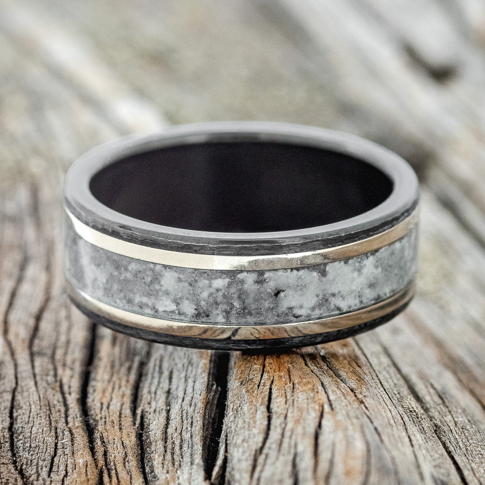 "HOLLIS" - MOONSTONE & 14K ROSE GOLD INLAY WEDDING RING - BLACK ZIRCONIUM - SIZE 8 1/4-3