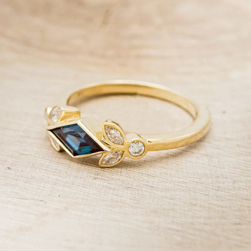 "ROWEN" - LOZENGE CUT LAB-GROWN ALEXANDRITE ENGAGEMENT RING WITH DIAMOND ACCENTS - 14K YELLOW GOLD - SIZE 8 3/4 (Copy)-Staghead Designs