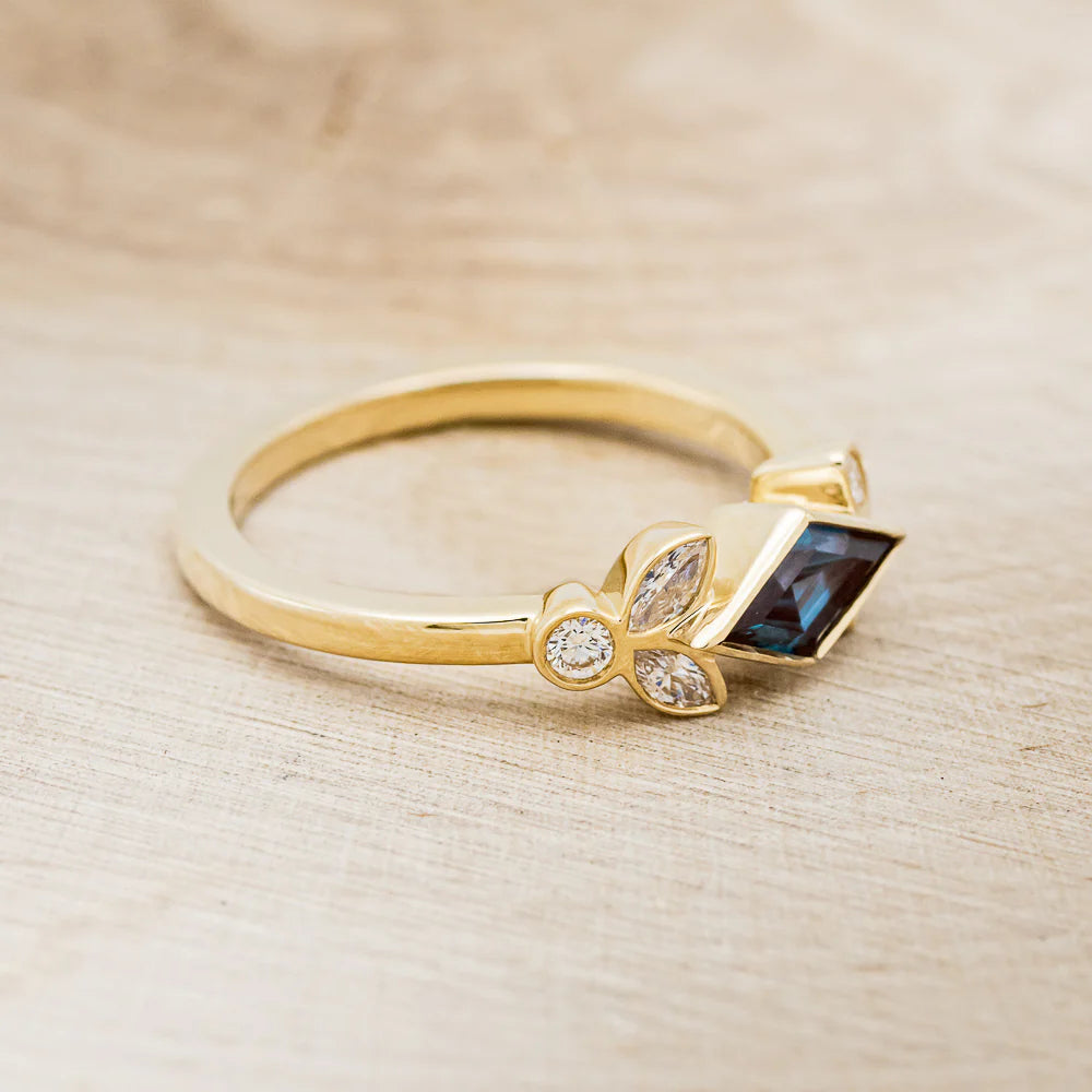"ROWEN" - LOZENGE CUT LAB-GROWN ALEXANDRITE ENGAGEMENT RING WITH DIAMOND ACCENTS - 14K YELLOW GOLD - SIZE 8 3/4 (Copy)-Staghead Designs