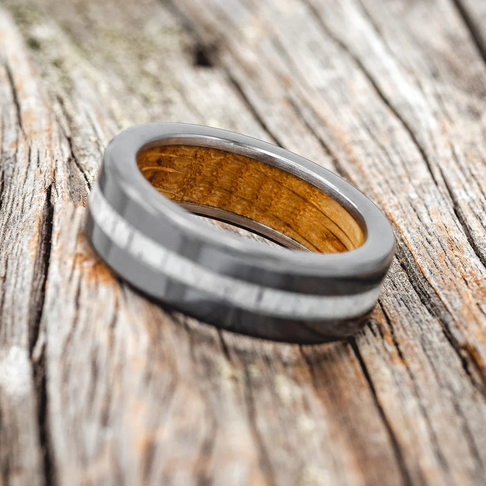 "NIRVANA" - ANTLER WEDDING RING FEATURING A WHISKEY BARREL LINED BAND - BLACK ZIRCONIUM - SIZE 9 1/4-Staghead Designs