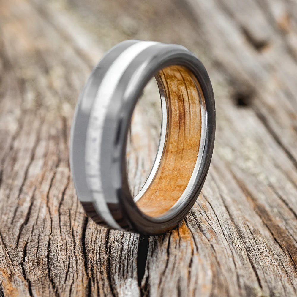 "NIRVANA" - ANTLER WEDDING RING FEATURING A WHISKEY BARREL LINED BAND - BLACK ZIRCONIUM - SIZE 9 1/4-Staghead Designs
