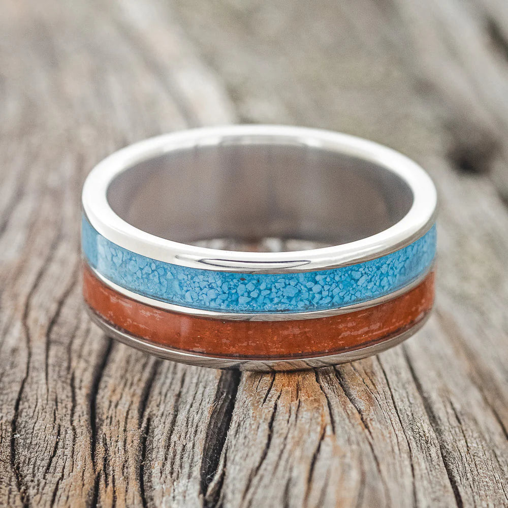 "DYAD" - RED JASPER & TURQUOISE WEDDING BAND - TITANIUM- SIZE 10 1/2-Staghead Designs