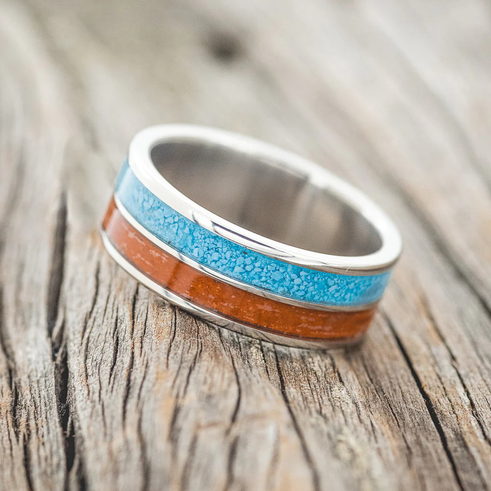 "DYAD" - RED JASPER & TURQUOISE WEDDING BAND - TITANIUM- SIZE 10 1/2-Staghead Designs