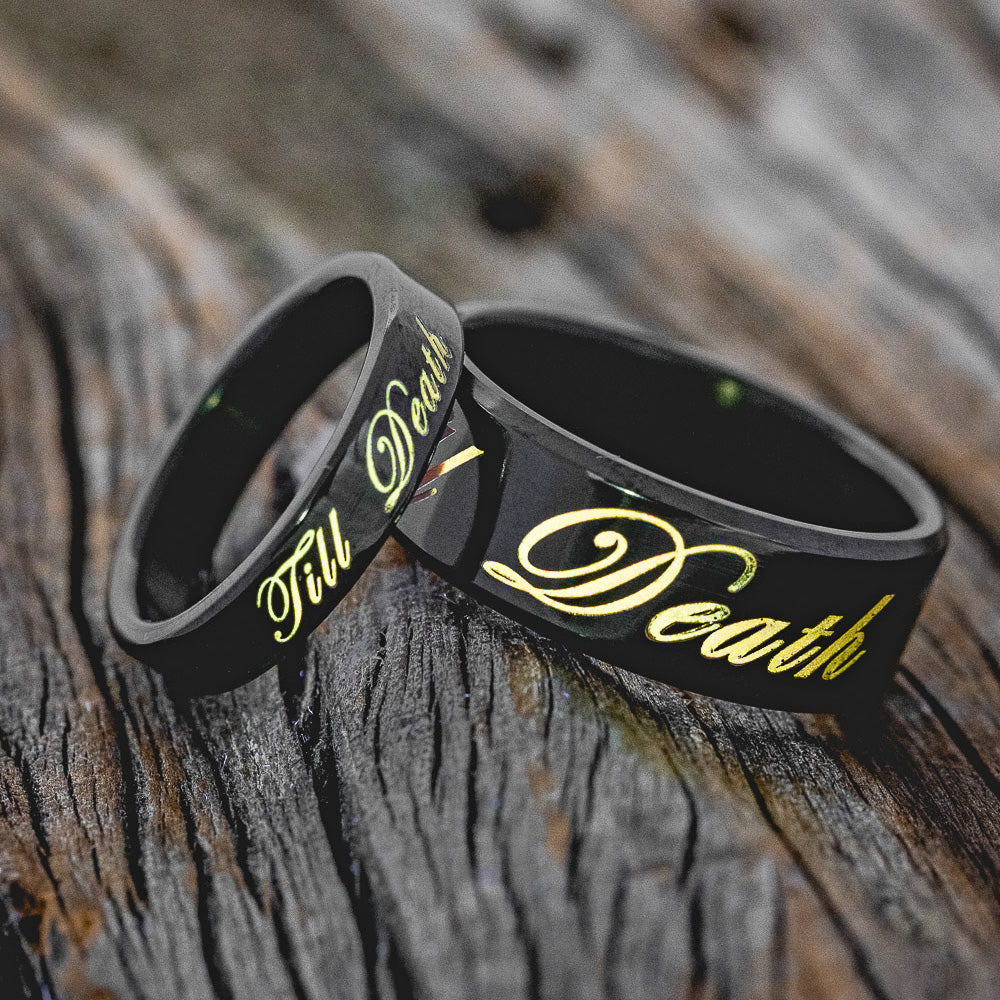 "TILL DEATH" - GLOWING ENGRAVED WEDDING RING-Staghead Designs