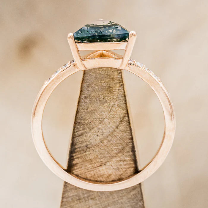 "Piper" - Trillion Cut Moss Agate Engagement Ring With Diamond Accents - 14K Rose Gold - Size 6-Staghead Designs