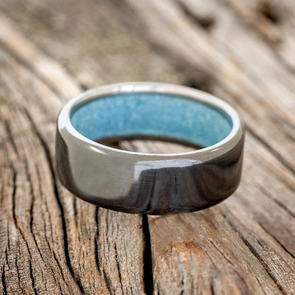 TURQUOISE LINED WEDDING BAND - BLACK ZIRCONIUM - SIZE 8-Staghead Designs
