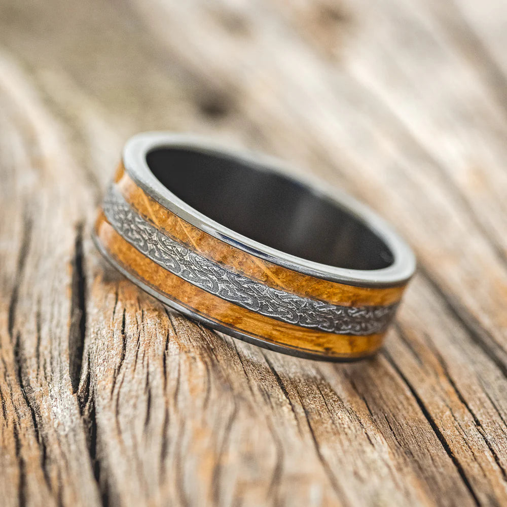 "Ryder" - Celtic Love Knot Engraved Whiskey Barrel Oak Wedding Ring - Black Zirconium (8mm) - Size 10-Staghead Designs
