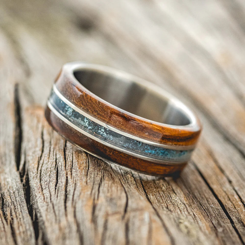"GLEN" - IRONWOOD & PATINA COPPER WEDDING BAND - TITANIUM - SIZE 7 1/2-Staghead Designs