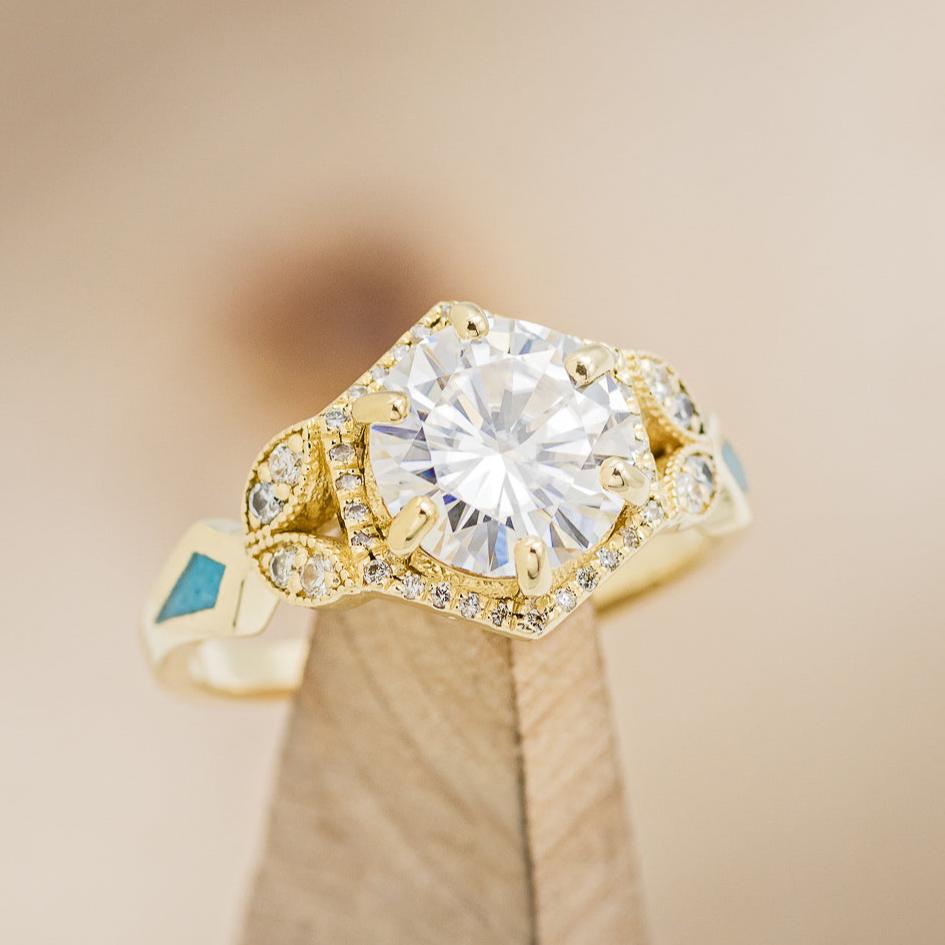 "LUCY IN THE SKY" - ROUND CUT MOISSANITE ENGAGEMENT RING WITH DIAMOND HALO, TURQUOISE INLAYS & DIAMOND TRACER-19