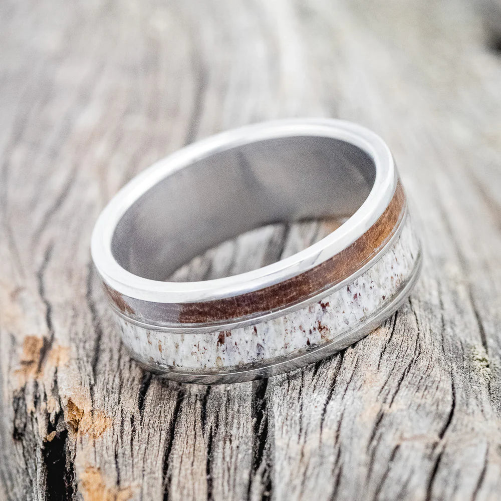 "RAPTOR" - IRONWOOD & ANTLER WEDDING BAND - TITANIUM - SIZE 13-Staghead Designs