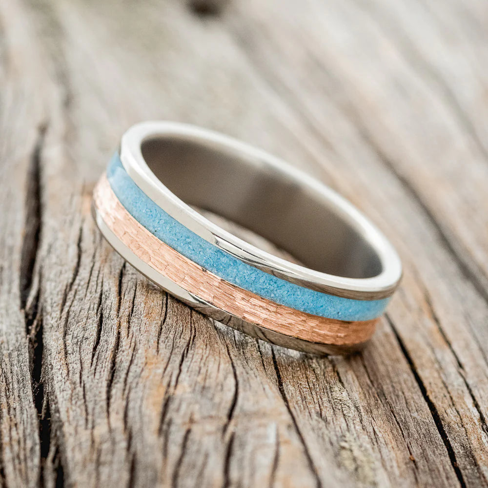 "FLYNN" - TURQUOISE & A HAMMERED 14K GOLD INLAY WEDDING BAND - TITANIUM (6MM) - SIZE 9 1/2-3