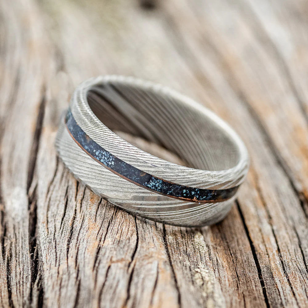 "VERTIGO" - OFFSET PATINA COPPER WEDDING BAND - DAMASCUS STEEL - SIZE 8 1/2-3