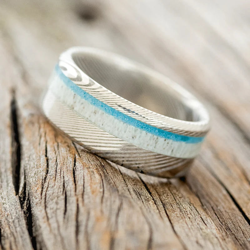 "Castor" - Offset Antler & Turquoise Wedding Ring - Damascus Steel (8mm) - Size 8 3/4