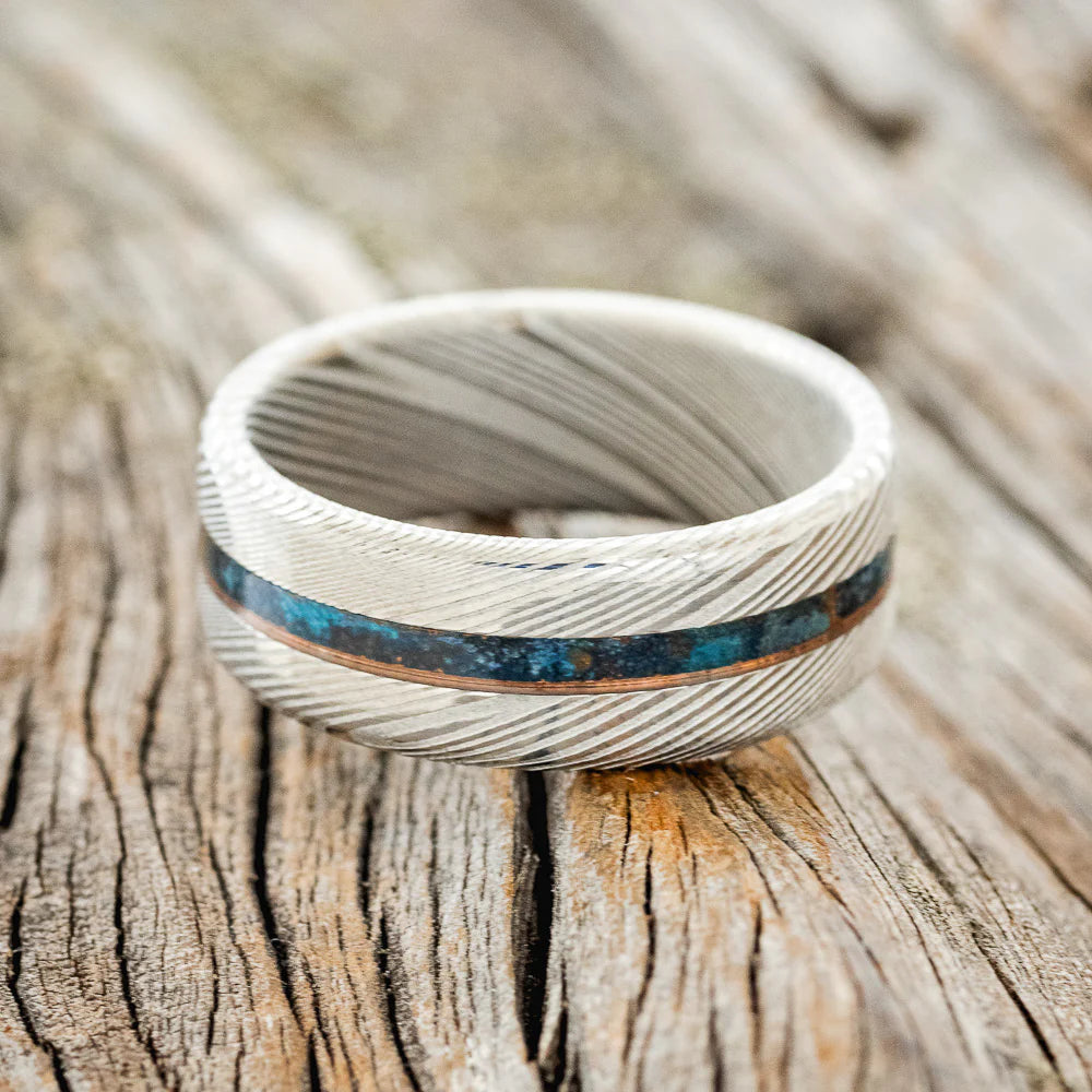 "NIRVANA" - CENTERED PATINA COPPER WEDDING BAND - DAMASCUS STEEL - SIZE 10 1/2-Staghead Designs