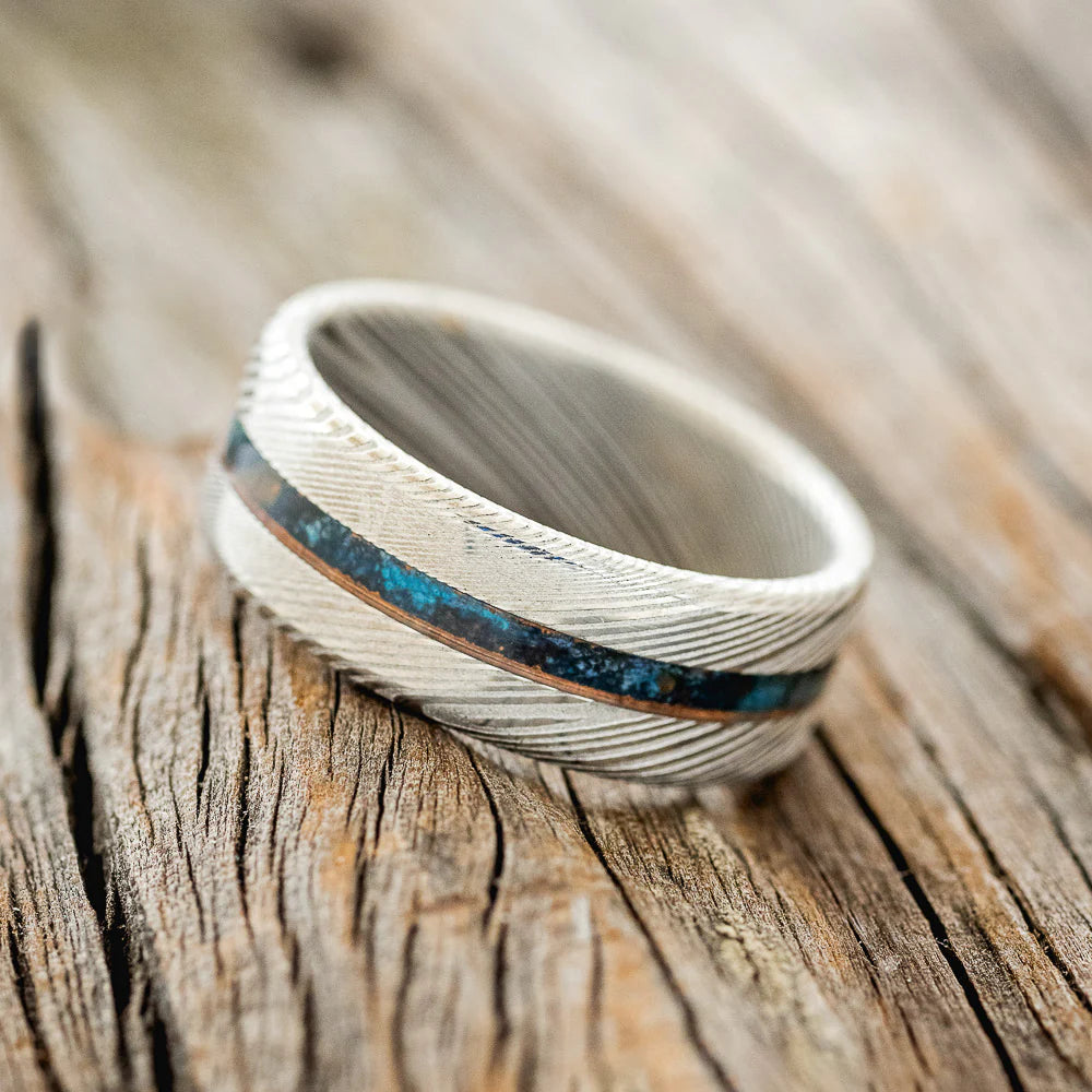 "NIRVANA" - CENTERED PATINA COPPER WEDDING BAND - DAMASCUS STEEL - SIZE 10 1/2-Staghead Designs