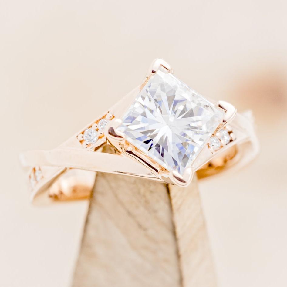 "Lina" - Princess Cut Moissanite Engagement Ring With Turquoise Ring Guard - 14K Rose Gold - Size 6 3/4-Staghead Designs