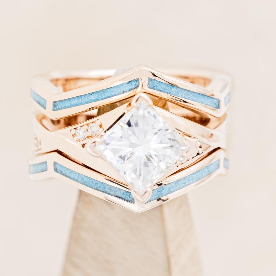 "Lina" - Princess Cut Moissanite Engagement Ring With Turquoise Ring Guard - 14K Rose Gold - Size 6 3/4-Staghead Designs