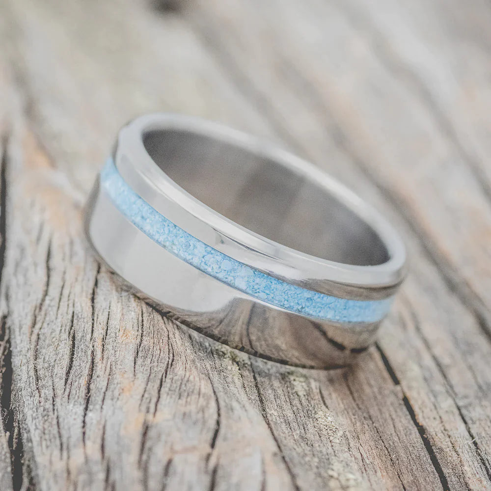 "VERTIGO" - TURQUOISE INLAY WEDDING BAND - TITANIUM - SIZE 8 1/2-2