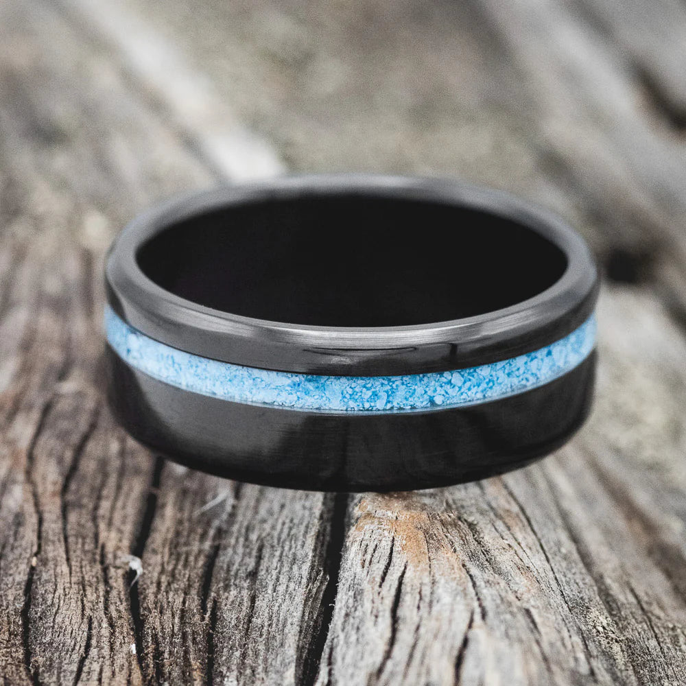 "VERTIGO" - TURQUOISE WEDDING RING - BLACK ZIRCONIUM - 7 1/4-3