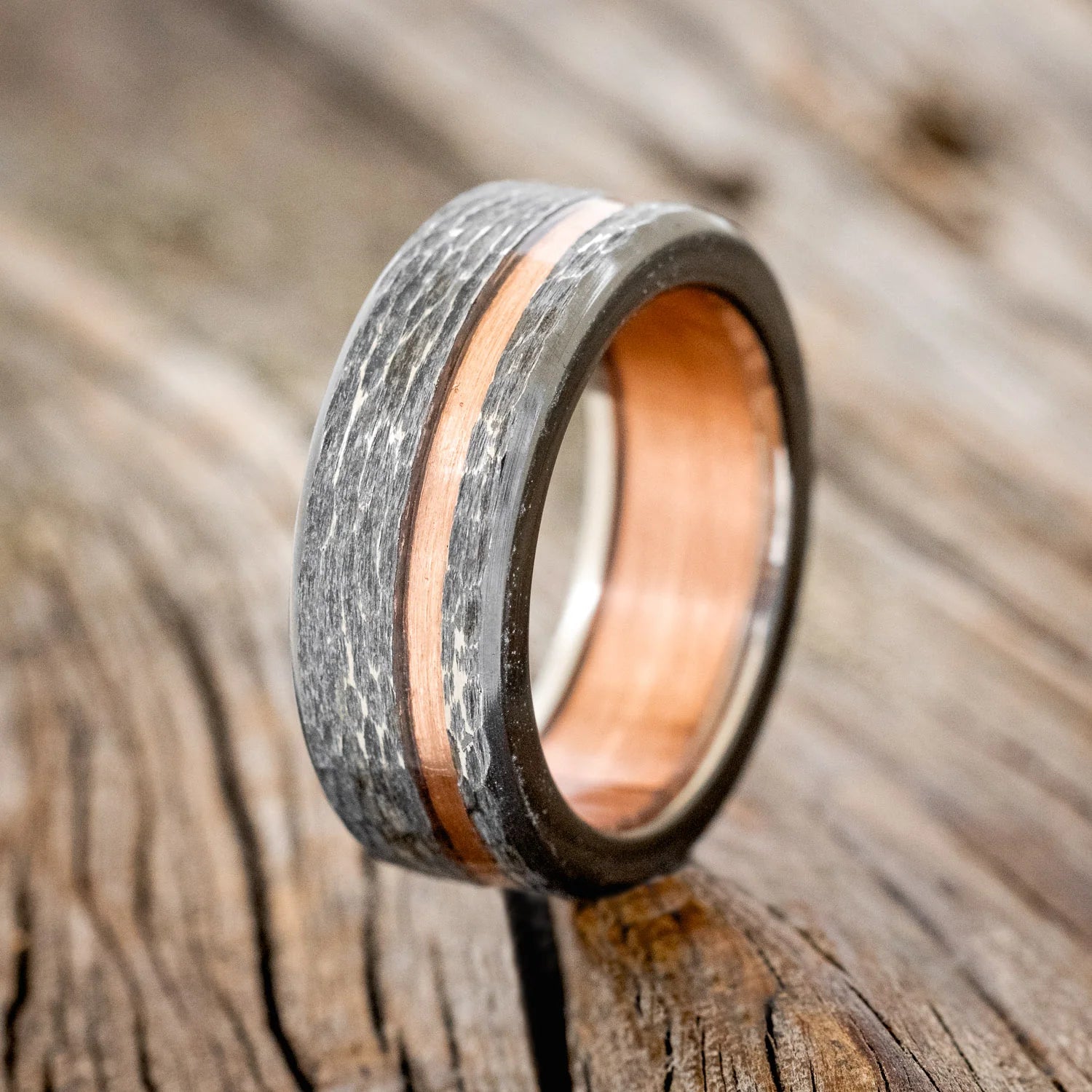 VERTIGO - RUSTIC COPPER WEDDING RING WITH COPPER LINING & HAMMERED F –  Staghead Designs