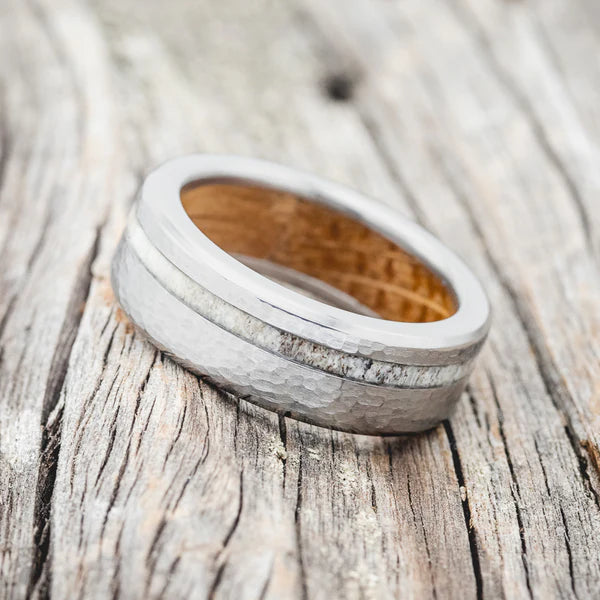 "Vertigo" - Whiskey Barrel Lined Wedding Ring With Antler Inlay and Hammered Finish - Titanium - Size 8-Staghead Designs