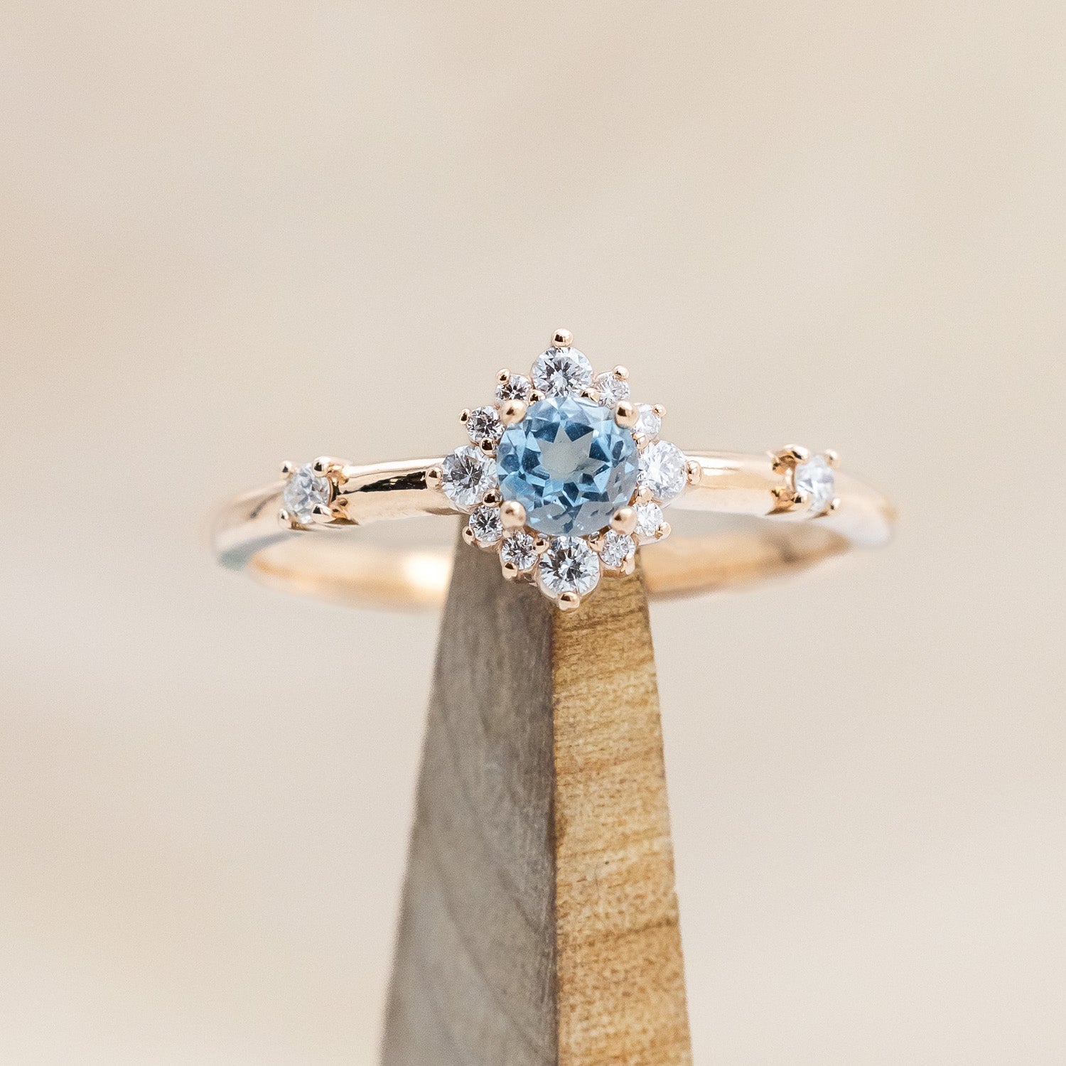 "STARLA" - ROUND CUT BLUE TOPAZ ENGAGEMENT RING WITH STARBURST DIAMOND HALO-Staghead Designs
